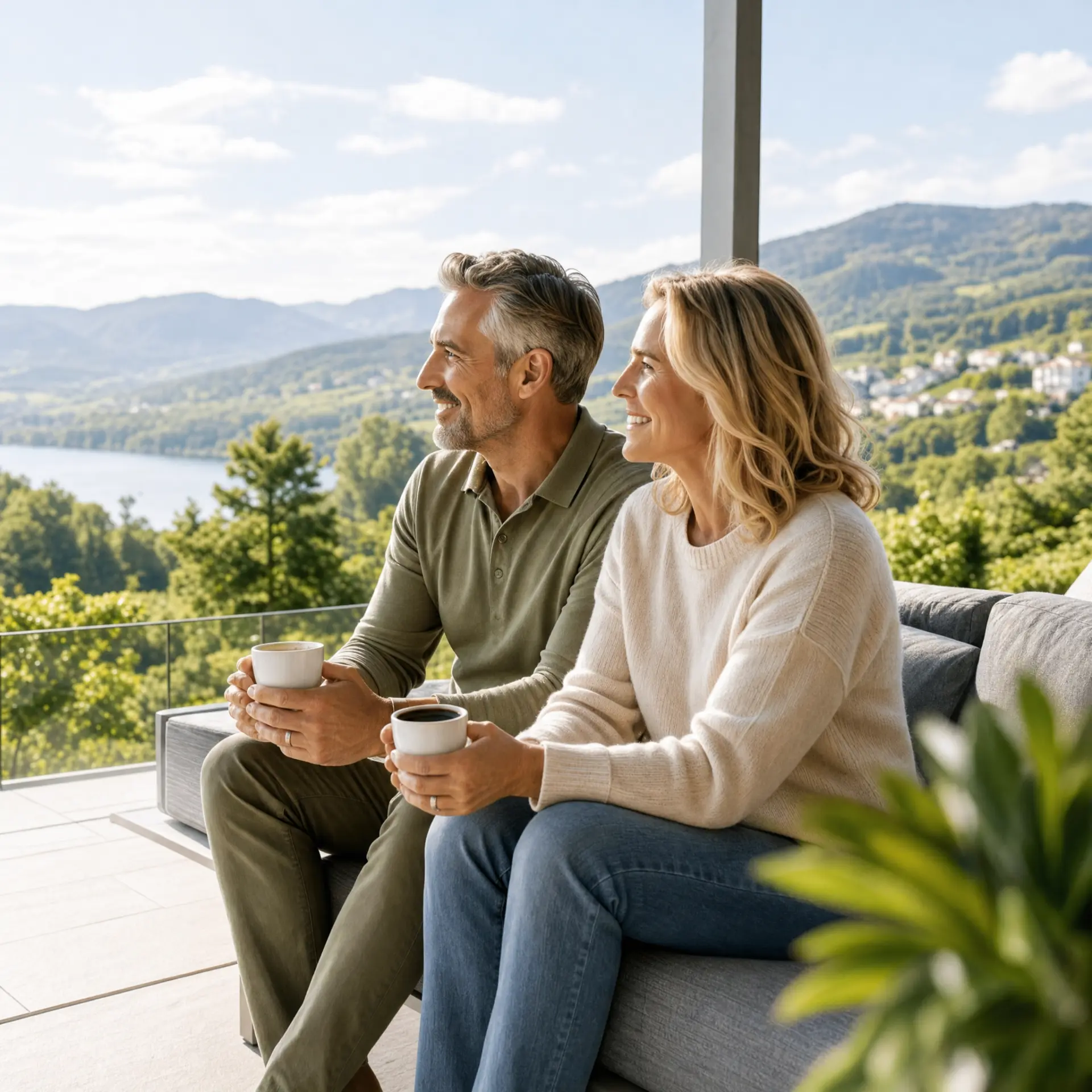 Paar um die 50 mit Kaffee auf einer sonnigen Terrasse mit Blick über Berge und See