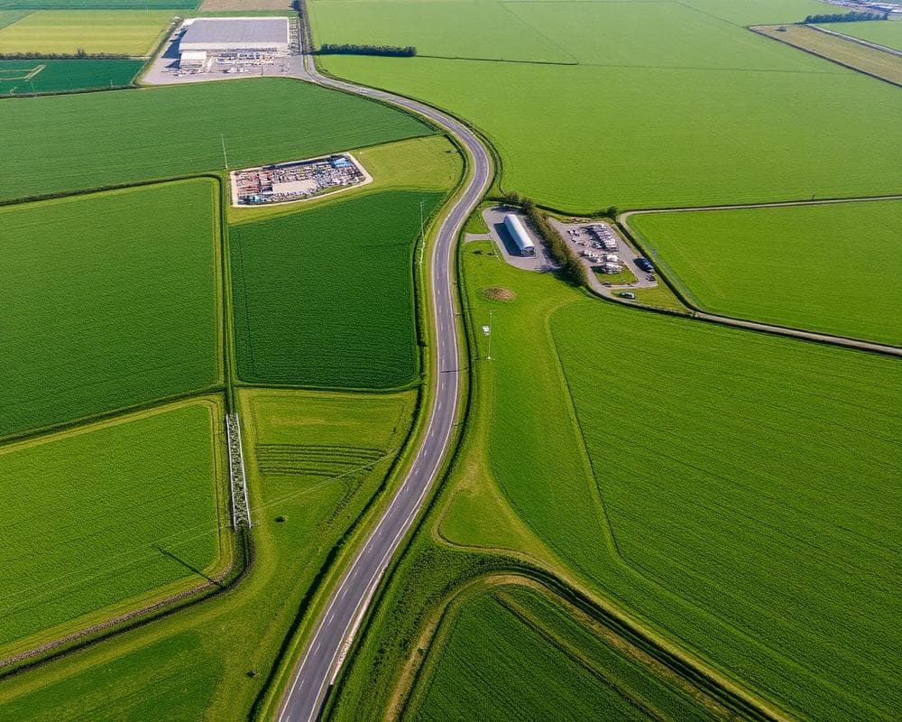 Regionale Straße durch grüne Felder aus der Luft