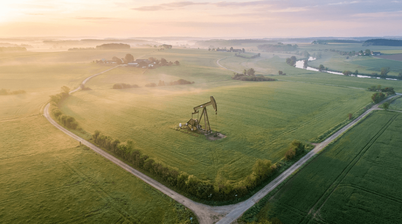 Kleine Öl- und Gasförderanlage in grüner Landschaft im Morgenlicht