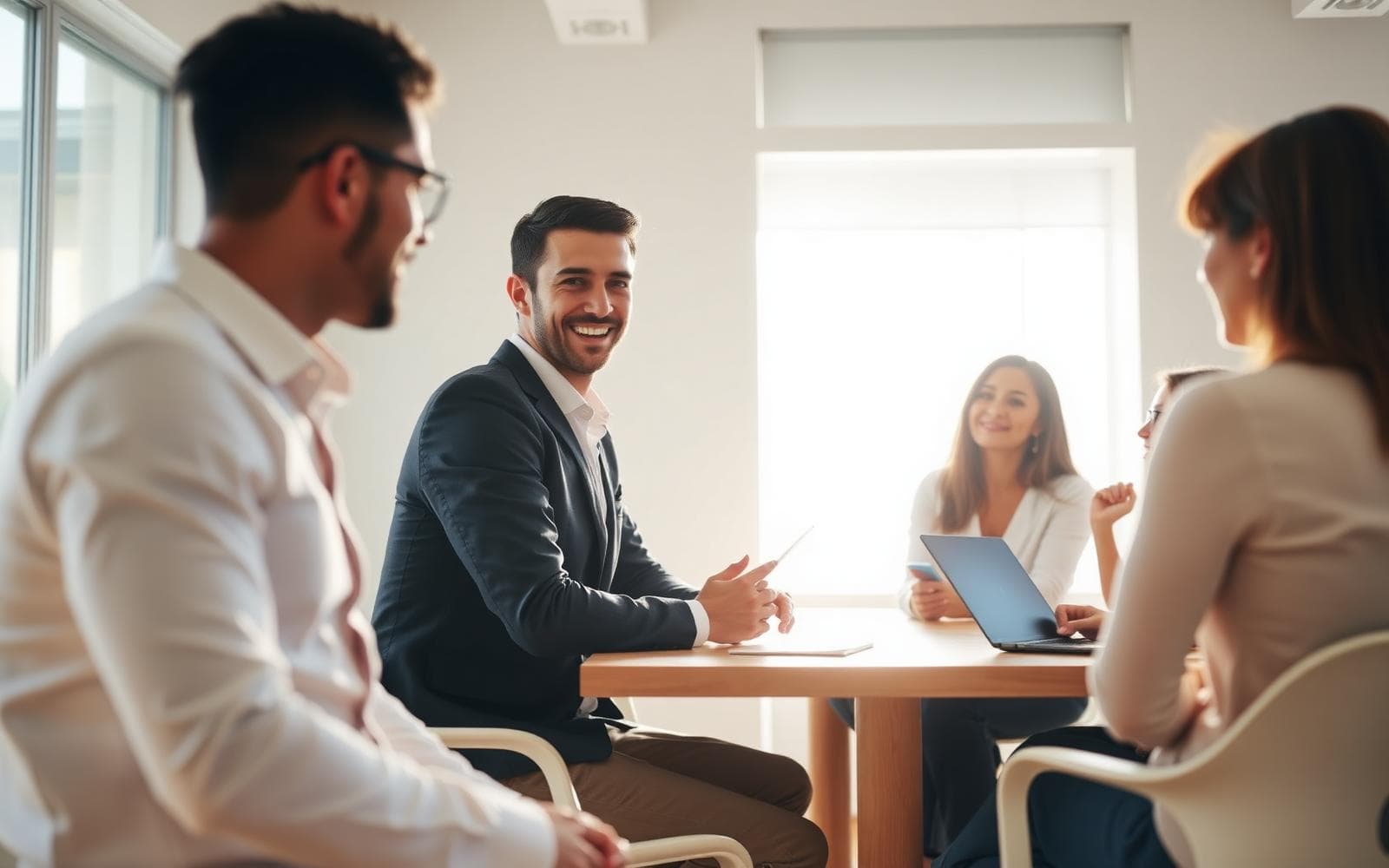 Zwei Personen im freundlichen Gespräch in einem hellen Büro